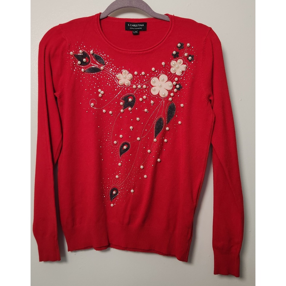 S. Christina 100% Cashmere Embellished Red Women's Sweater Large Pearls Sequins